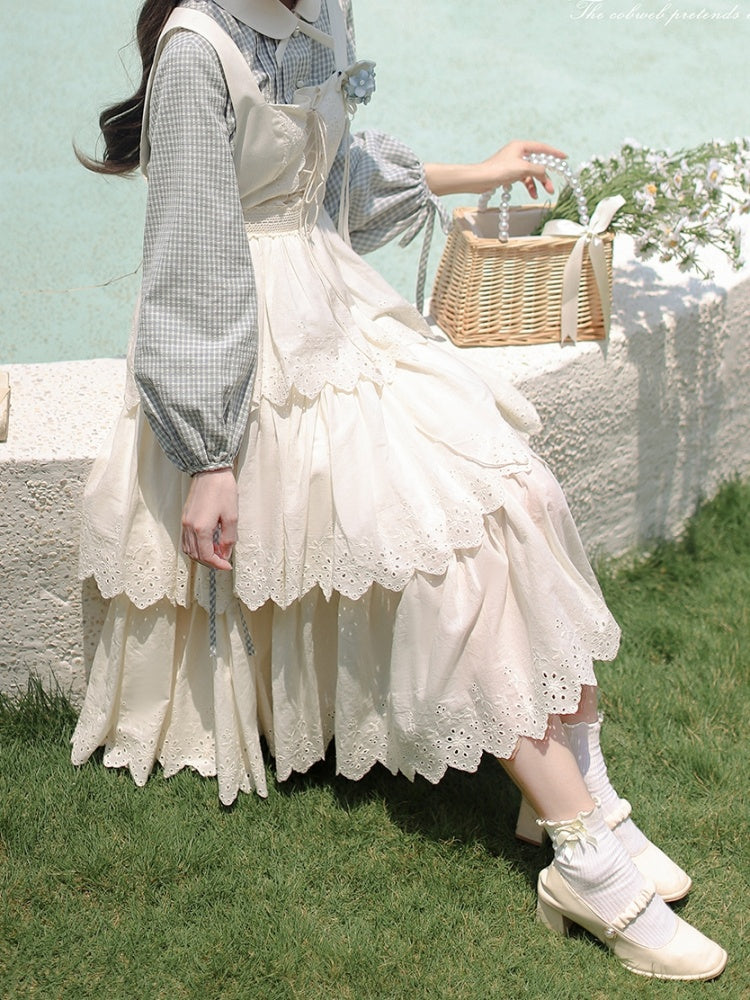 Lace-up White Cottagecore High Waist Overall Dress Tiered Skirt