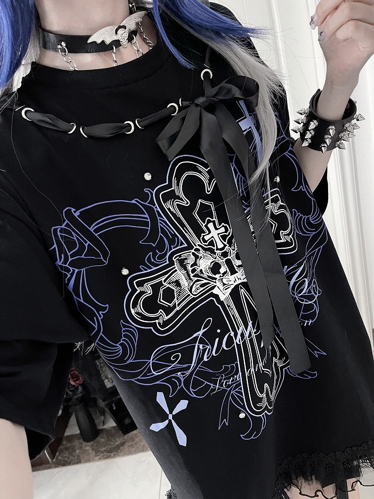 T-Shirtwith Letter Gothic Cotton Black Bow Ribbon Print NecklinePurple