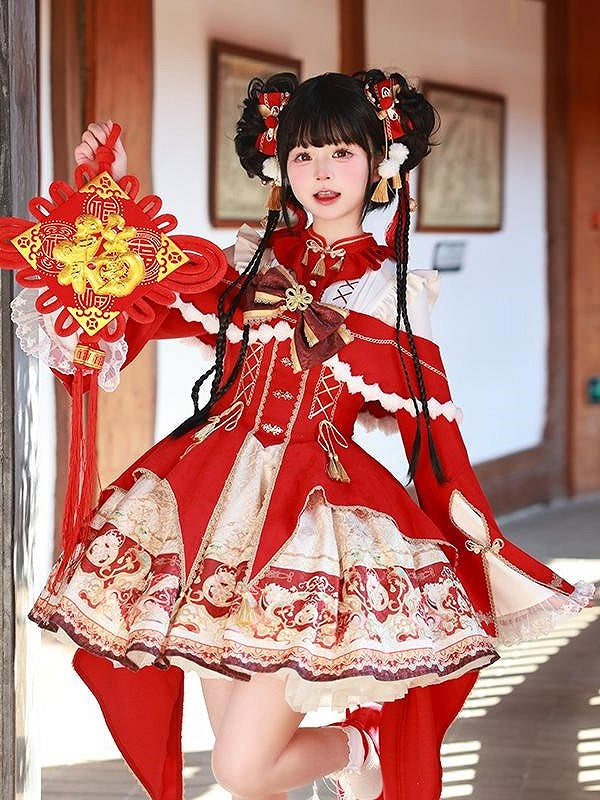 White Tassel Red with Hairclips Golden Bow Pom-Pom Accents and