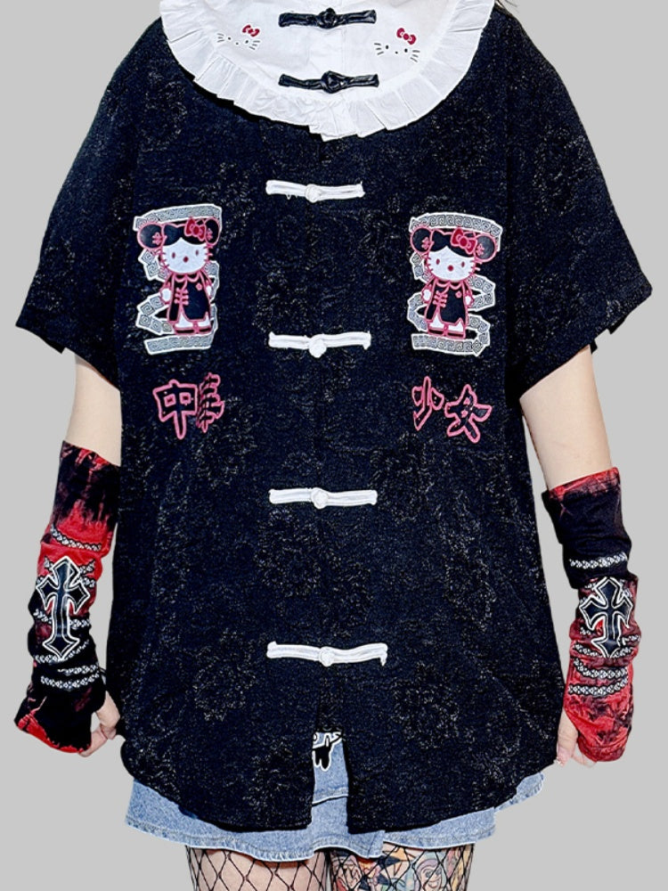 Schwarz/Blaues Jirai Kei-Oberteil mit kurzen Ärmeln und Kitty-Stehkragen