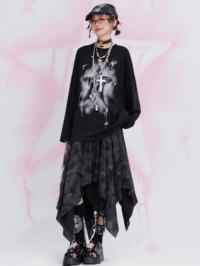 Schwarzer Y2K-Rock mit Taschentuchsaum und Sternen