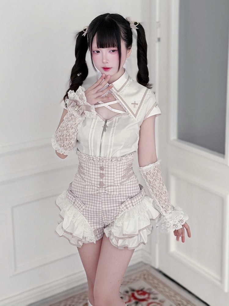 Black & White Lace Arm Warmers with Rhinestone Bows - Shi Zhai Xin