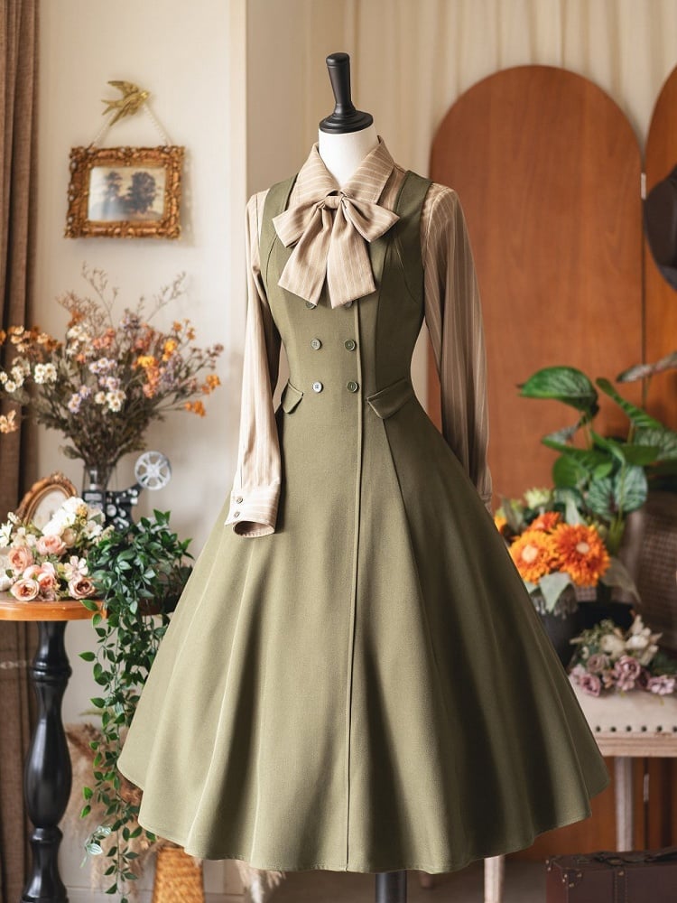 Retro Green Waist Olive Lacing Fashion and Midi Cinched Dress with Elegant Back