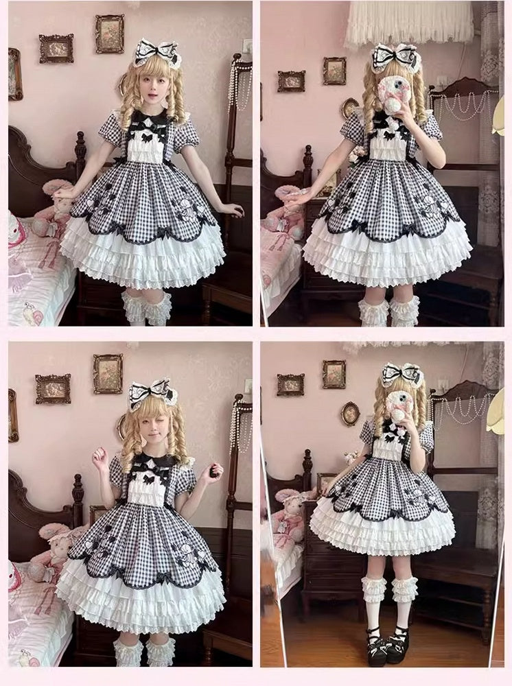 Ärmel Schwarz Weiß Plaid Bär Lolita Kleid Rock Puff Tiered Stickerei OP
