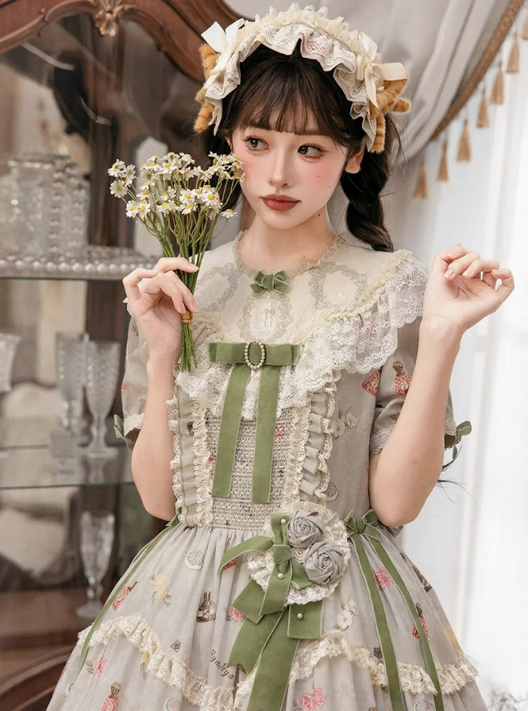 Green Cat Print Round Neck Sweet Lolita Dress with Lace Trim - NyaNya