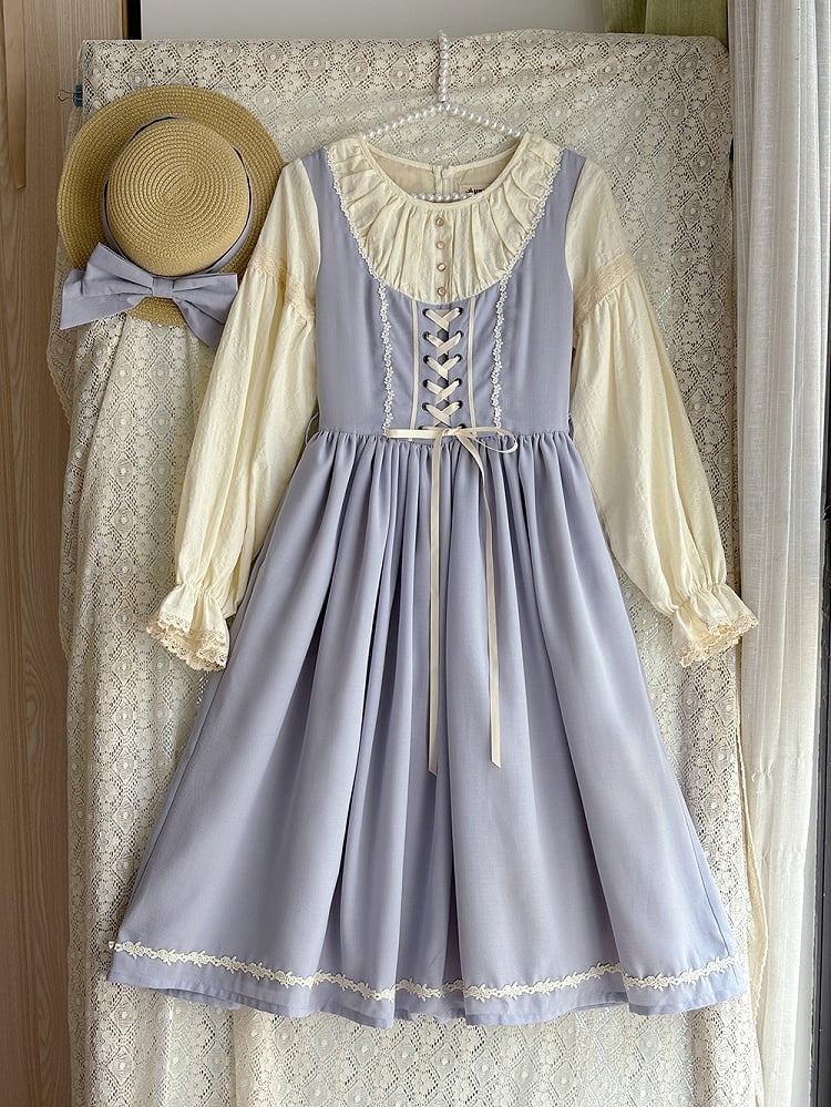 Light Gray & Beige Round Neck Long-sleeved Elegant Classic Lolita Dress with Lace-Up Front