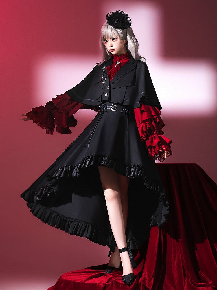 Black High Waist Gothic Lolita Cascading Ruffle High-low Skirt