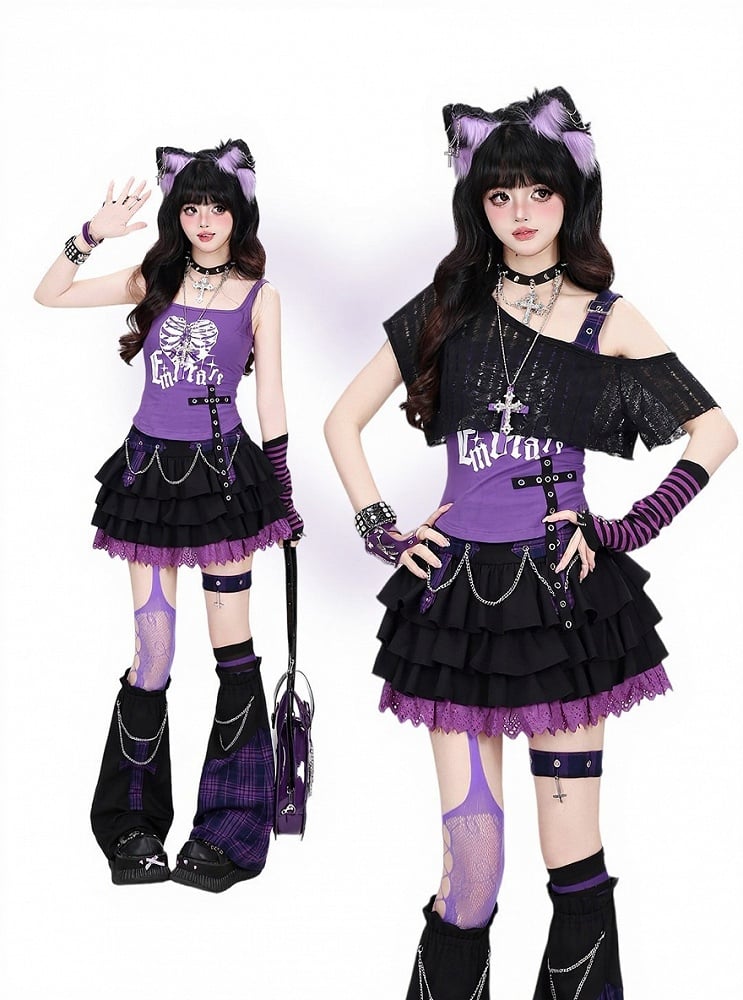 Black & Purple Plaid Leg Warmers with Chain Decor - CRAZY GIRL