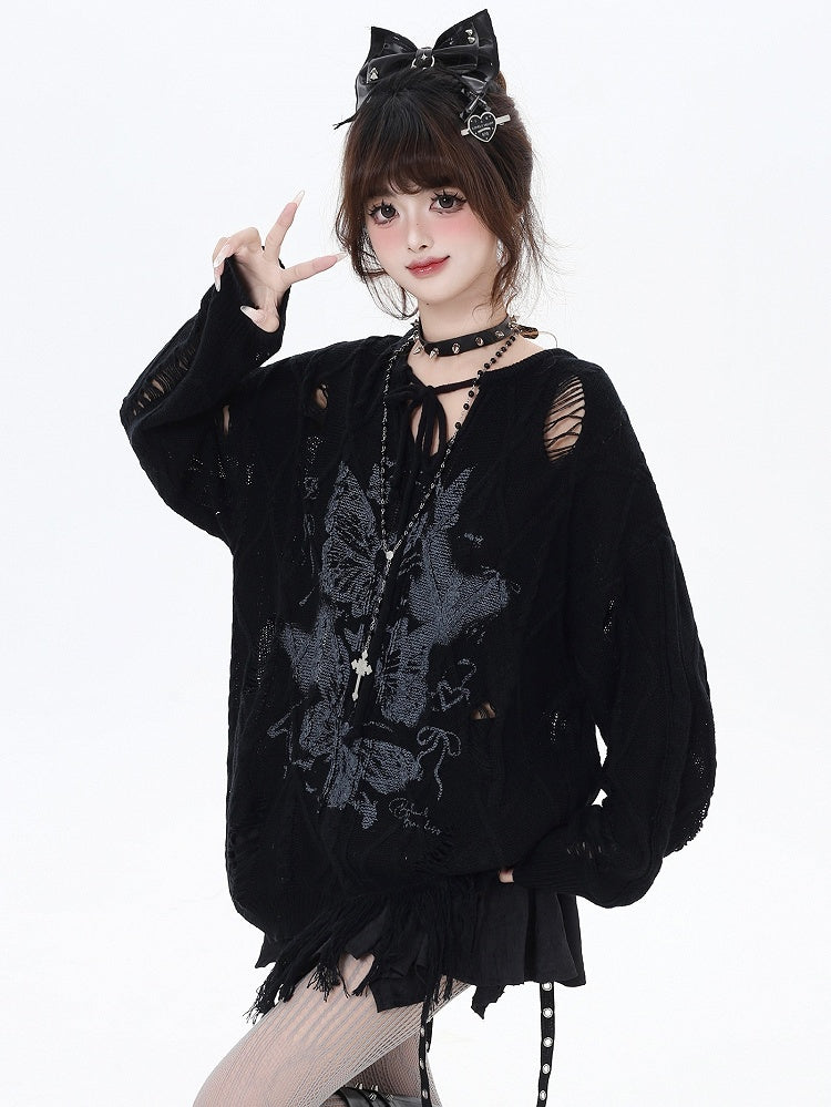 Aprikose/Schwarzes lockeres Strickoberteil mit Schmetterlingsmuster und Löchern im Used-Look und V-Ausschnitt