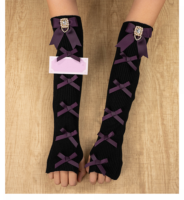 Jirai Gloves Square | Rhinestone Kei 4 Multiple Knit Fingerless Bows Colors
