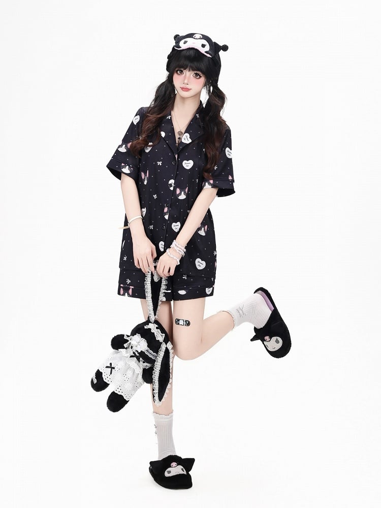 Black Cute Otaku Kitten Print Short Lounge Wear Two-Piece Set - Short-Sleeve Top + Shorts - CRAZY GIRL