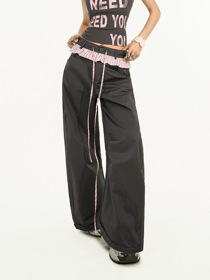 Two-piece Trim Wide-Leg Pants with Pink-Black Striped Black Faux Ruffle