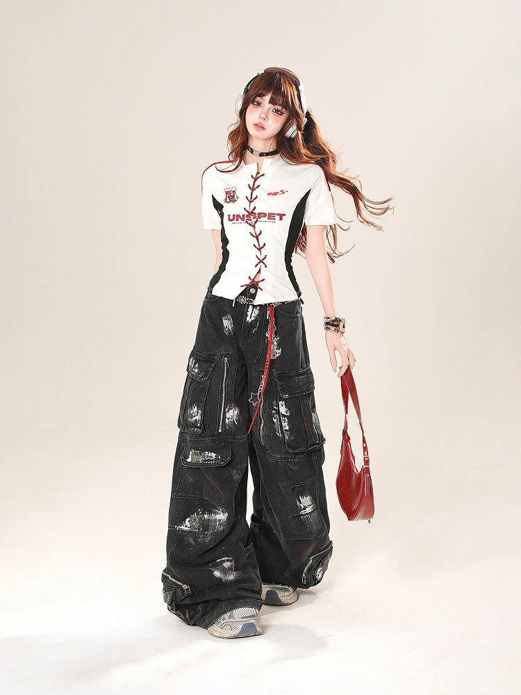 ホワイト レースアップフロント スリムフィット Tシャツ