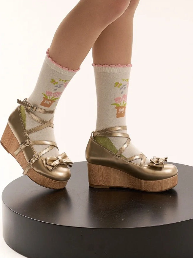 Design PU Shoes with Sweet Bow Lolita Crisscross Golden Accent Platform Wedge