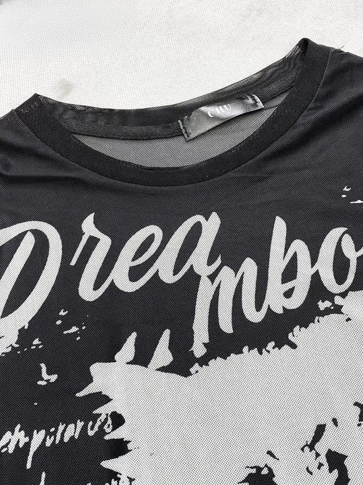 Y2K Schwarzes, halbtransparentes Top mit Rundhalsausschnitt und Rüschenärmeln, glamouröses Grafik-Top