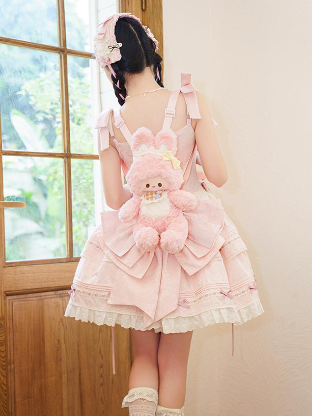 Fluffy Shoulder Pink Backpack Detachable Plush With Straps Bunny