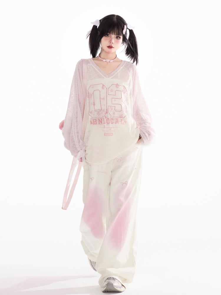 袖口ナンバープリント ブロケットコア セミシースルーカバーアップ ピンク Vネック 蝶結び