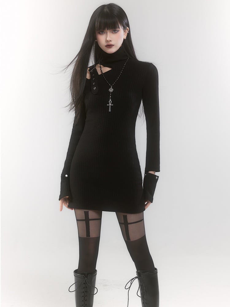Black High Neck Cutout Shoulder Buckle Strap Thigh-length Knitted Dress