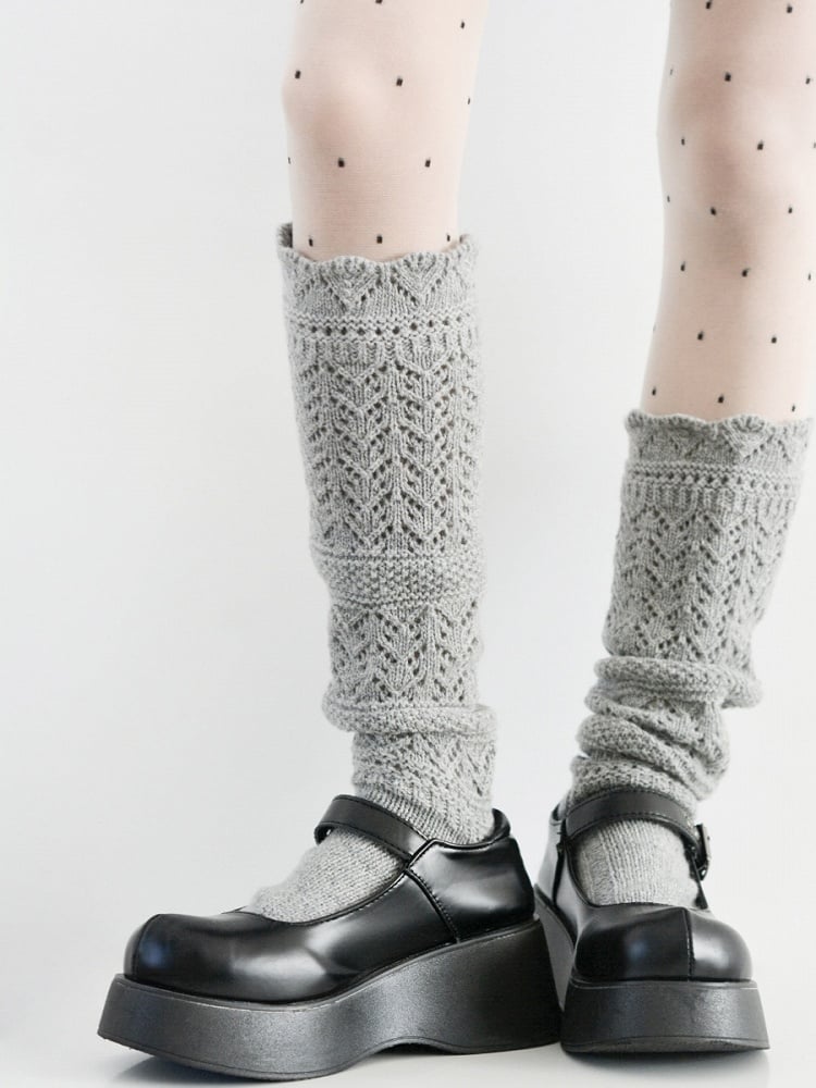 White Polka-dot Pattern Tights + Gray Calf Socks Set