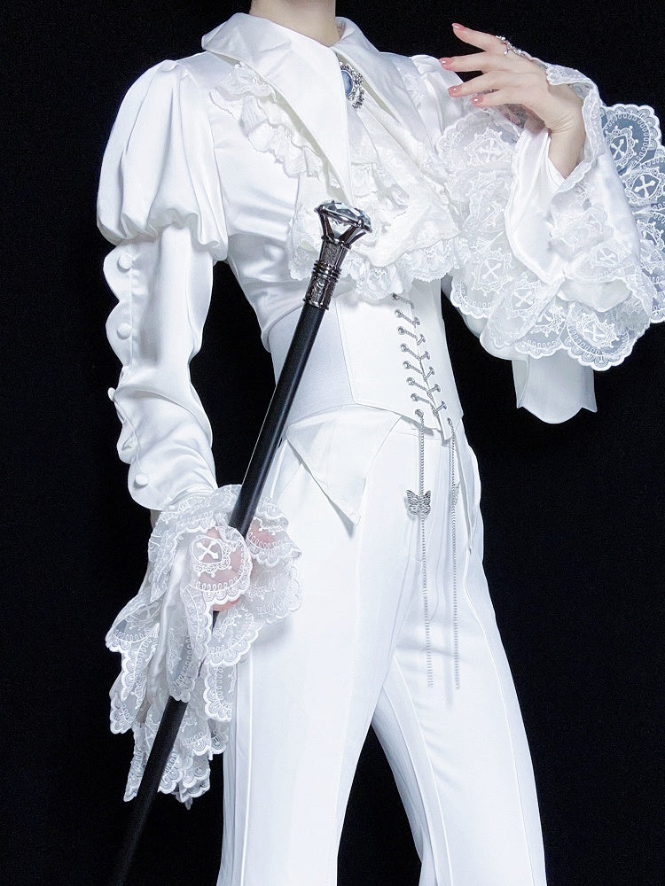 White Pointed Foldover Collar Ouji Gothic Lolita Long Sleeves Tail Shirt