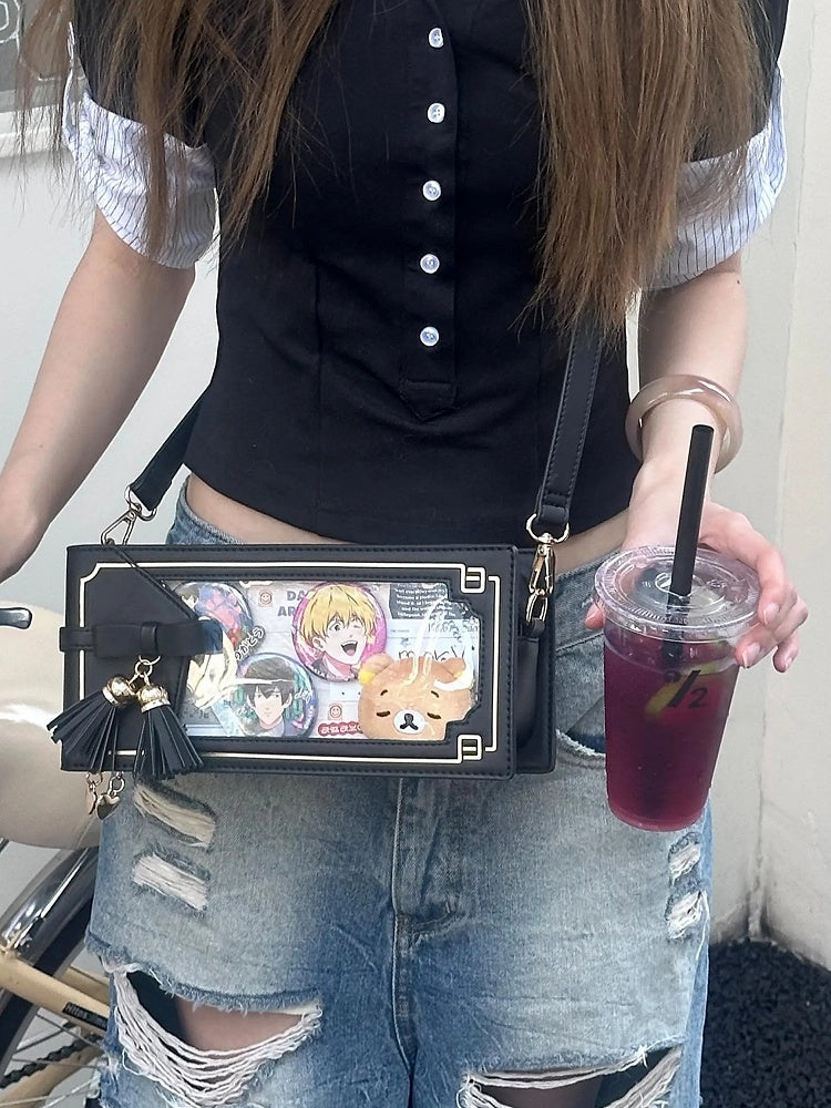 Stil Tasche Muster Akzent Schwarz Bogen Ita Floral PU Cheongsam Fringe Mit