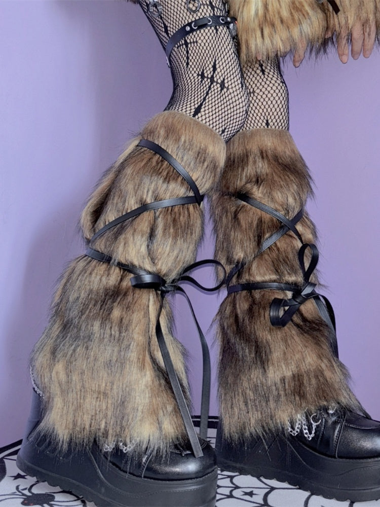 Gelb-schwarze Arm-/Beinwärmer mit selbstbindendem Riemen und zotteligem Plüsch