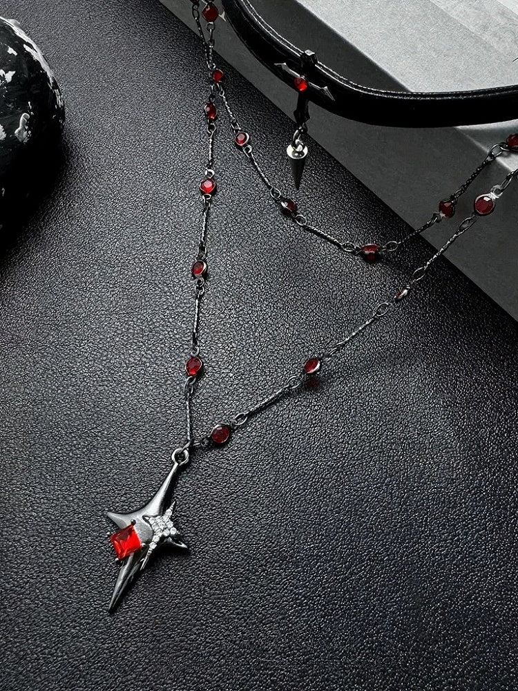 Gothic Black & Red Cross Choker with Beads - YSHXS