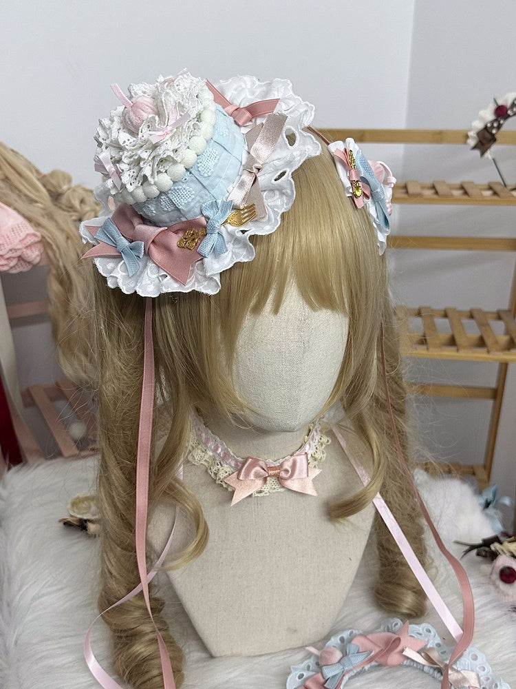 Decorations Shaped Bow and Sweet Yellow/Pink/Blue with Cake Hat Mini Lace Lolita