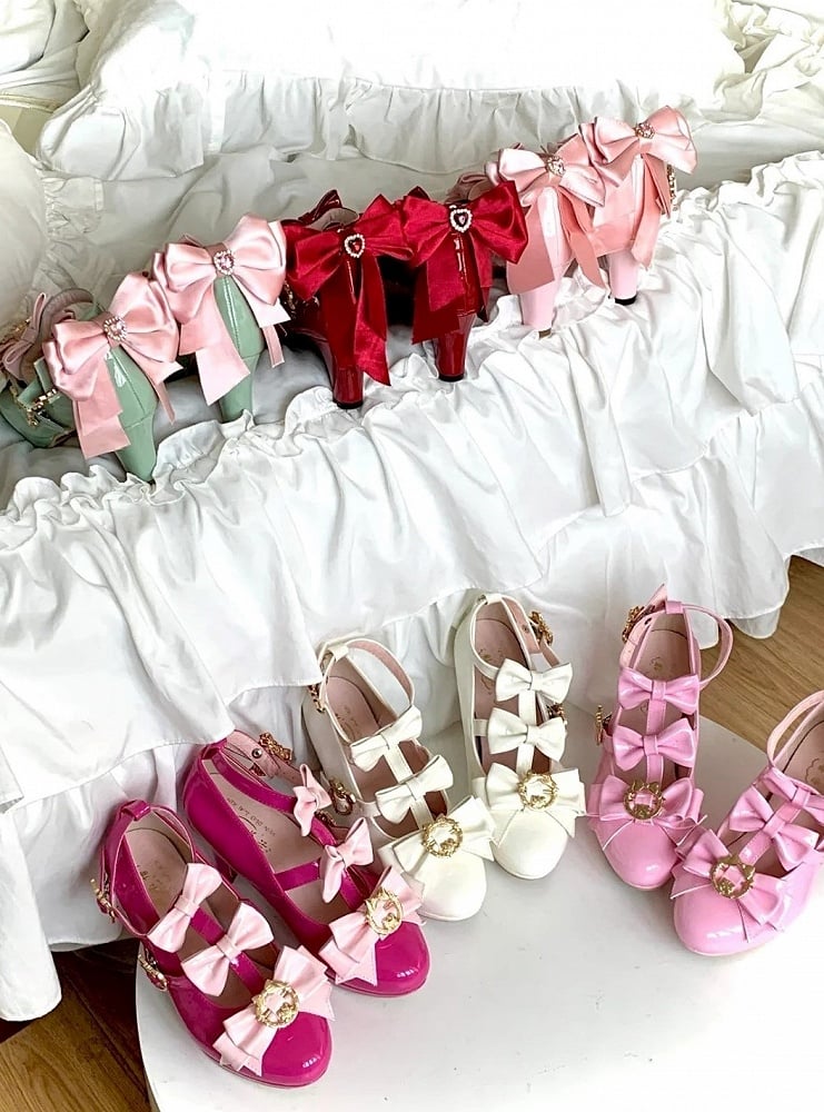 Heels with Rhinestone Removable Polished Bow Lolita 7cm Pointed Pink Toe Hime Light