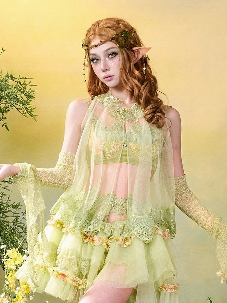 Green Mori Sheer Sleeveless Top Lace Trim - Virtual Orbit