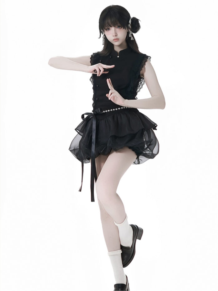 Beaded Skirt Chain with Black Cheongsam Style Banded Collar Mini Dress Bubble Waist