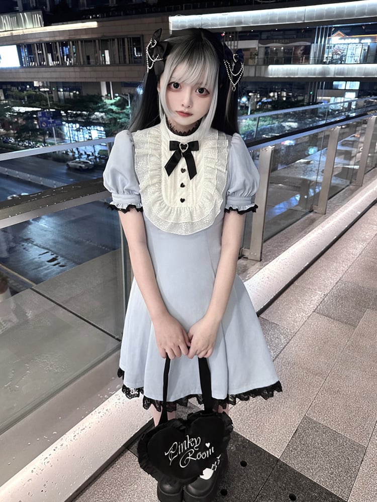 Blue/Black Back Lace Trim Jirai Kei Dress with Bow Big