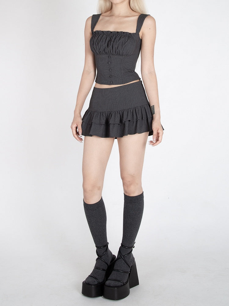 Dark Gray Stripes Pattern Ruffled Square Neck Glamorous Cropped Sleeveless Top