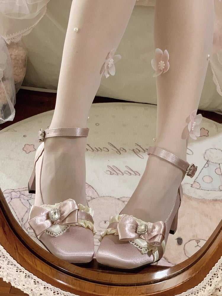 Gather Construction Details Lolita Mid Square Ankle Sweet Strap with - Pink Heels Toe Satin