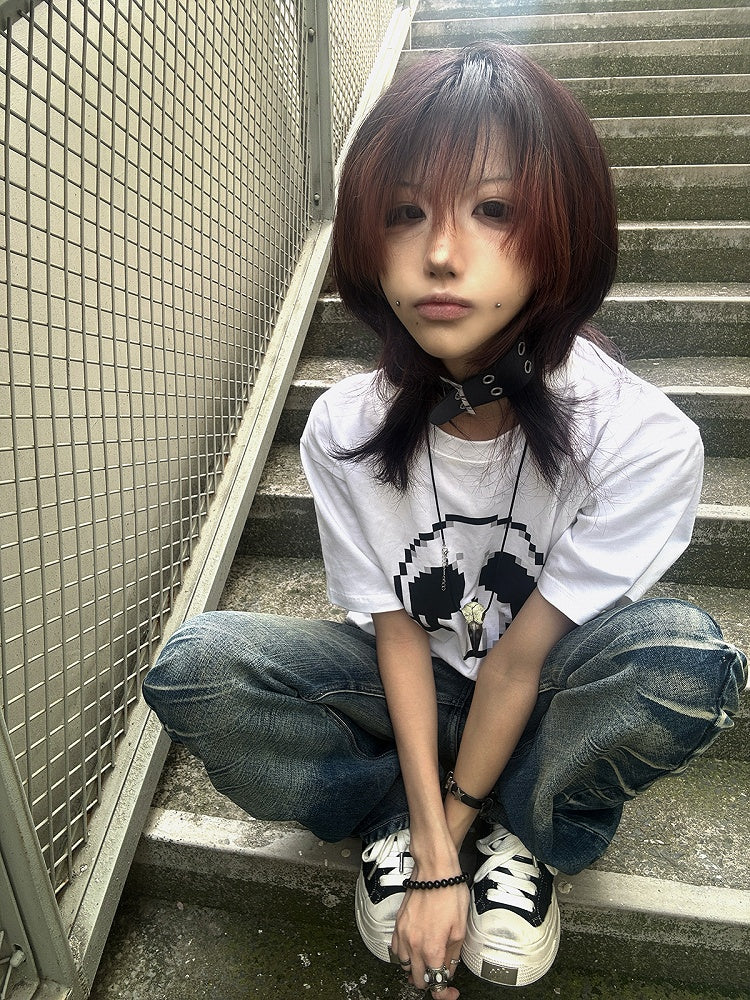 Pixel Round Neck T-Shirt Skeleton Print Cotton Black/White