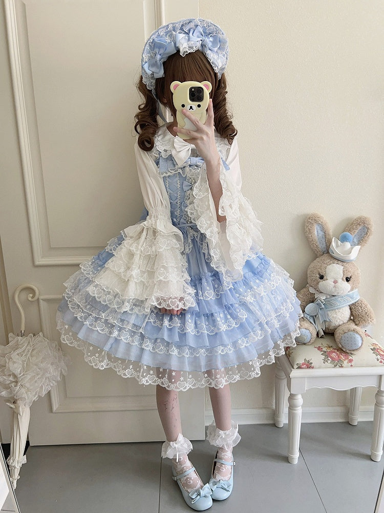 JSK Bow Sweet Fresh Blue Lace Princess with Dress Multi-Layer Details Trim Bead