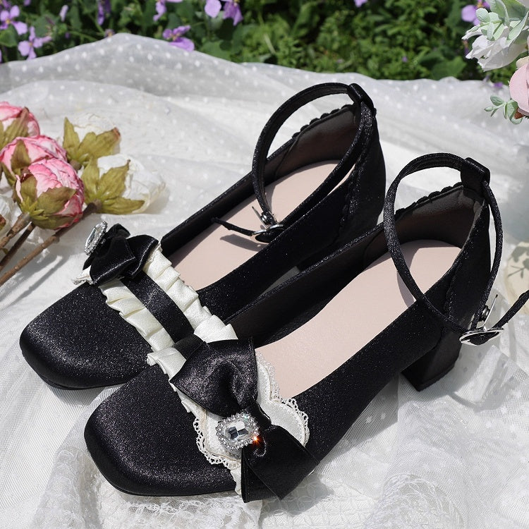 - Lolita Mid Black Heels Sophisticated Square Toe