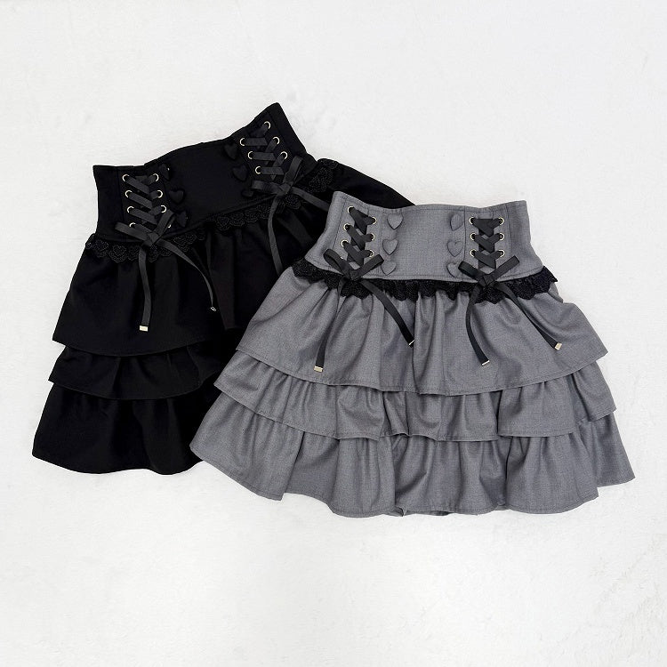 Jirai Kei Black Three-Tiered Elevated Waist Skirt - nekura