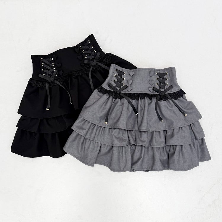 Black Three-Tier High-Waist Skirt - nekura