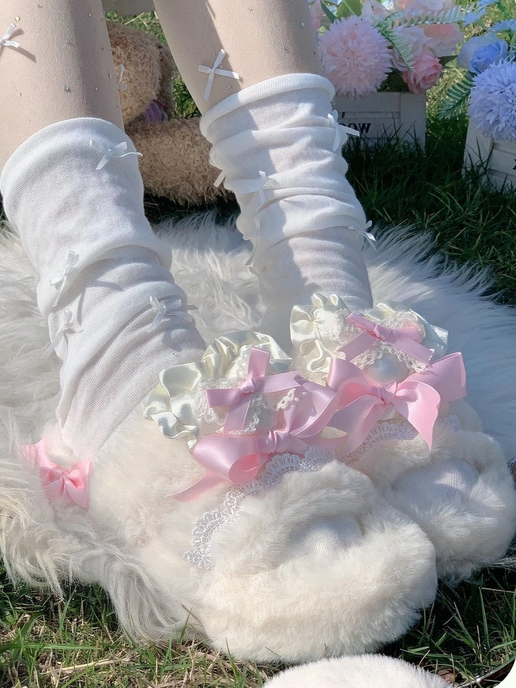 Ruffle - Lace Pink Slippers Bow with 2cm/4cm Platform Knotted Lolita Plush Heart Sweet Winter Trim