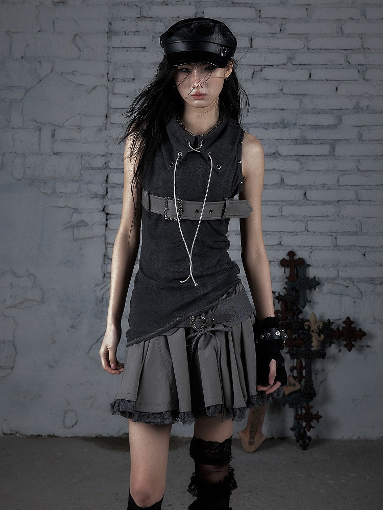 with Top Punk Belt Lace-ups Grey Buckle Dark Studded Knit Tank Crisscross