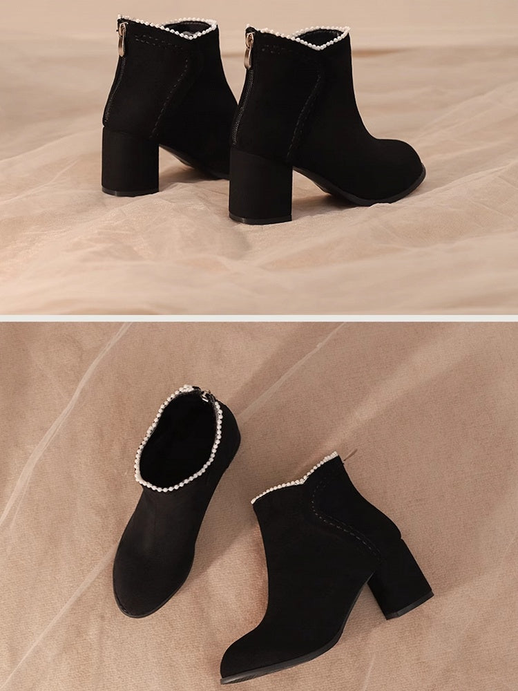 / Boots Qi Cuff Black High-heel Regular Version Lolita Thicken Beaded