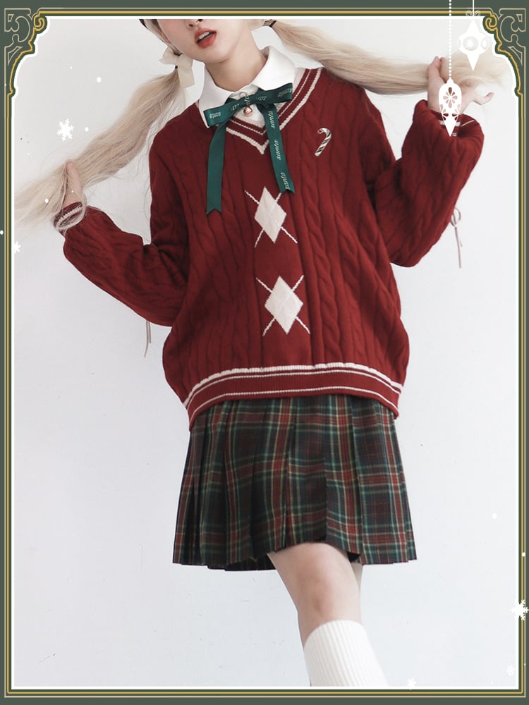 V-Neck White/Red Candy Embroidery with Pattern Sweater and Diamond Preppy