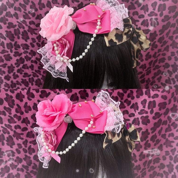 Leopard Showa-style Hime KC Floral Headpiece Lace Pink with Print