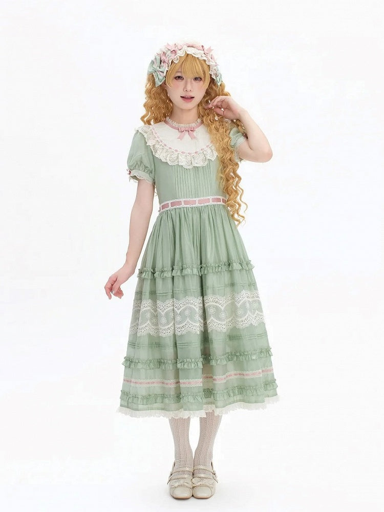 Green Puff Sleeve Lace Trim Elegant Lolita Gown - Pumpkin Planet