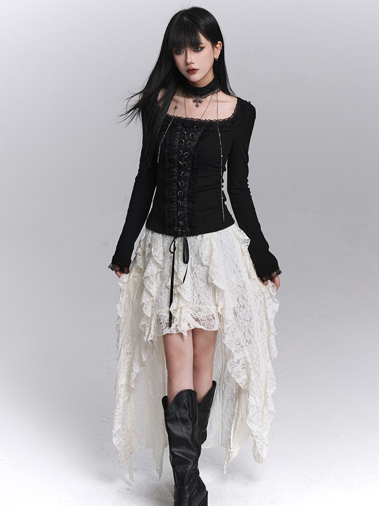 Back with Gothic for Skirt Halloween Asymmetrical Lace Floor-Length Apricot Dramatic