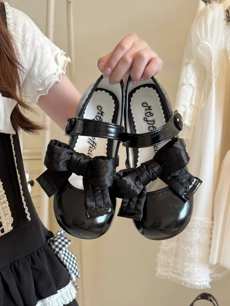 Closure Shoes Lolita PU Black Velcro Leather Bow Flat Accent Heart Sweet Strap in Decor