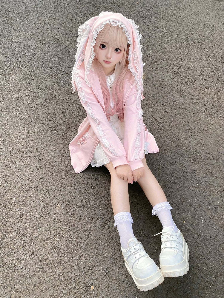 Style Hoodie Bow Zip-up Lace Jirai | Light with Pink Ears Kei Details and Bunny
