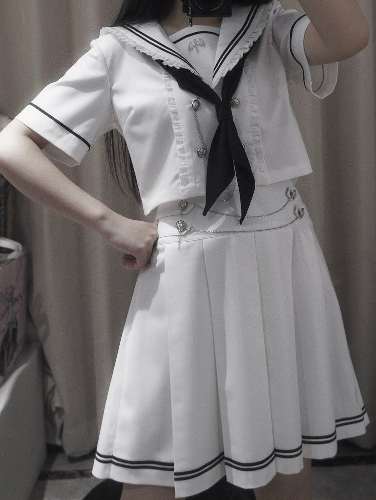 Pleated Sleeves White Navycore JK + Collar Short Skirt Uniform Sailor Set- Top