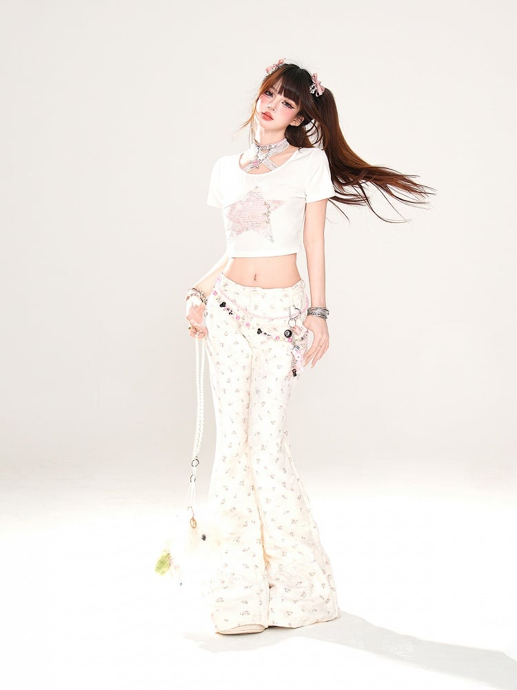 Glamorous Neck Star Print White Halter Lace Cropped T-Shirt